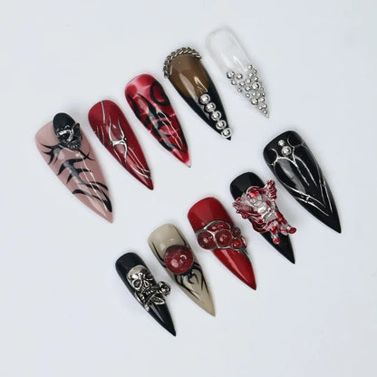 Glam Goth Black Red Handmade Press On Nails
