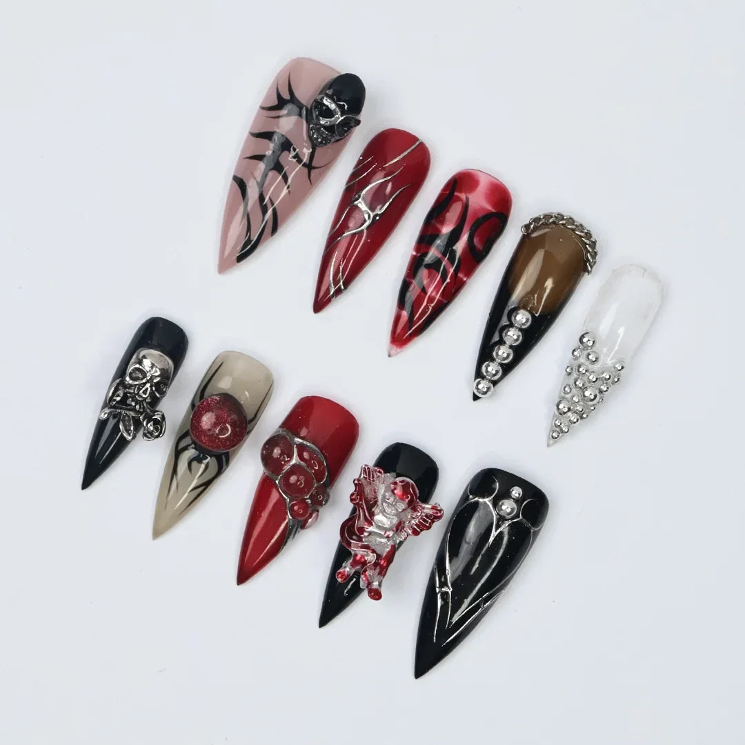 Glam Goth Black Red Handmade Press On Nails