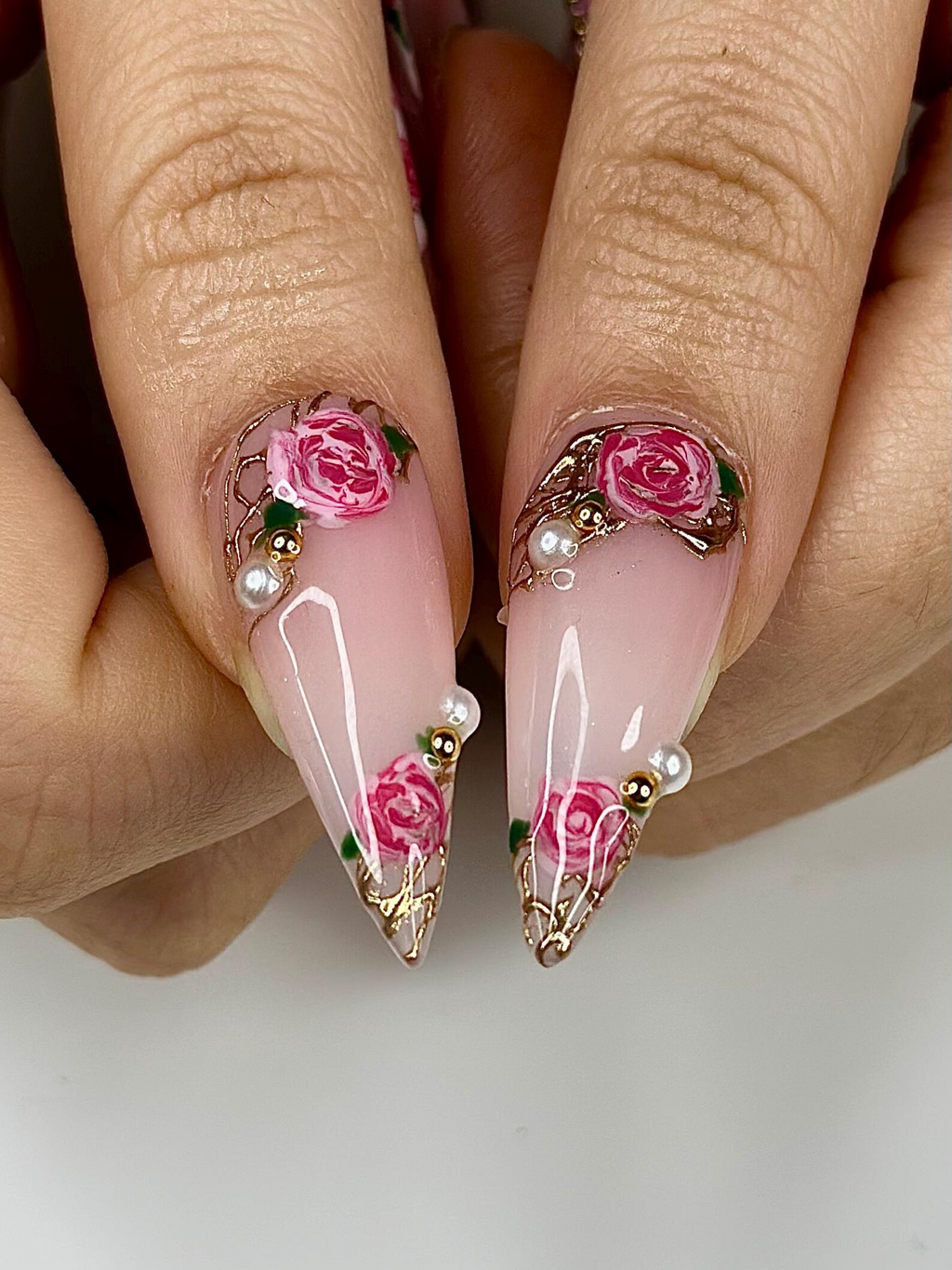 Pink Rose Press On Nails for Bridal Handmade Rose Flower Nails with Pearls Elegant Wedding