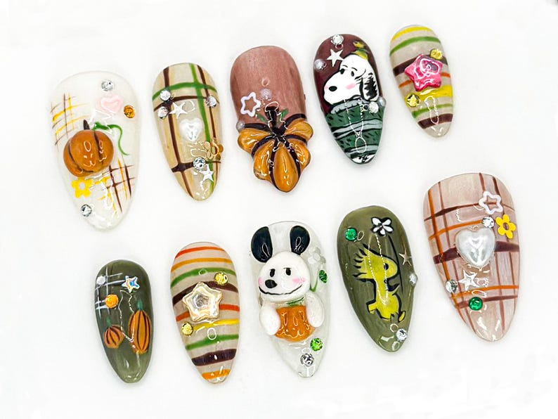 Cute Autumn Press-On Nails| 3D Cartoon & Rustic Style Hand-Painted Nail Art Unique Fall Nail Art Autumn-Themed Press-On Nails|OB588LC