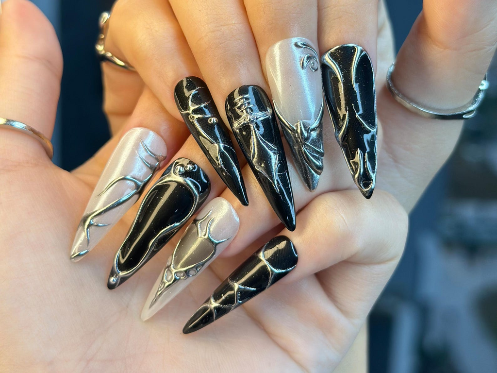 Black Silver Chrome Press On Nails Gothic Metallic Nail Art Winter Armor Nails Holiday Party Nails Handmade Gift Set