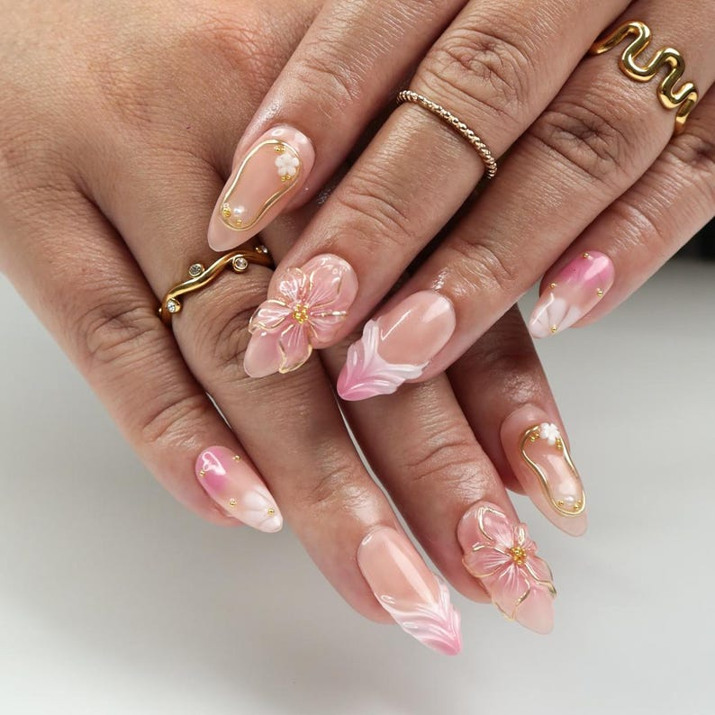 Blush Bloom Elegance Press On Nails with 3D Floral Accents, Gold Details & Pink Ombre