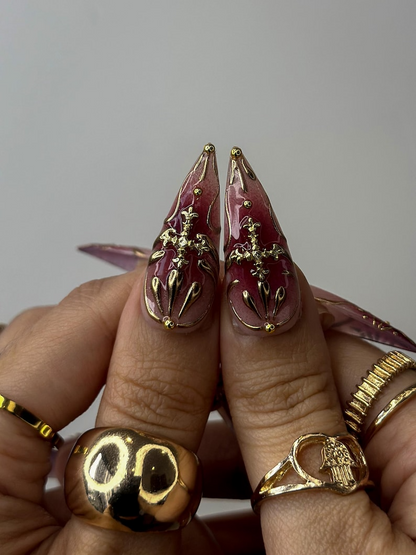 Golden Red Press On Nails Burgundy & Gold Floral Nail Art 3D Metallic Flower Design Luxury Nail Set Long Stiletto Press Ons