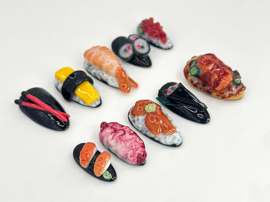 3D Japanese Sushi Press-On Nails Sushi Nails with 3D Rolls and Nigiri Designs Japanese Food Nail Art Fun and Unique Design