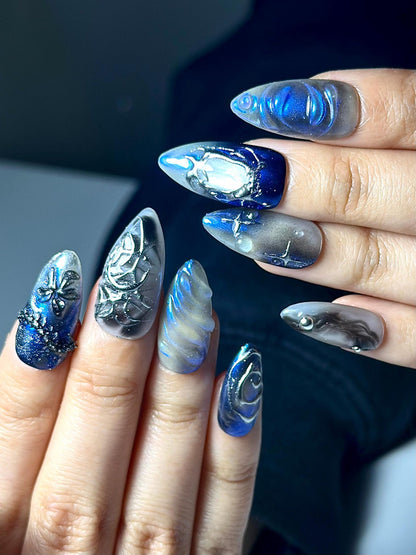 Galaxy Gothic Press On Nails Dark Blue Chrome Cat Eye Nails Celestial Star Night Nail
