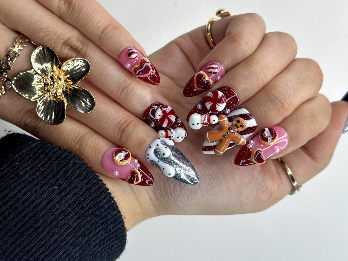 Gingerbread Red Christmas Press On Nails 3D Christmas Cookie Nail Peppermint & Snowman Holiday Nails| Red Glitter Festive Nails