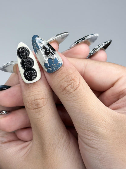 Kpop Inspired Indigo Voyage Nails, 7 Spirit Arirang Silver Shark Nails, Ocean Muse 3D
