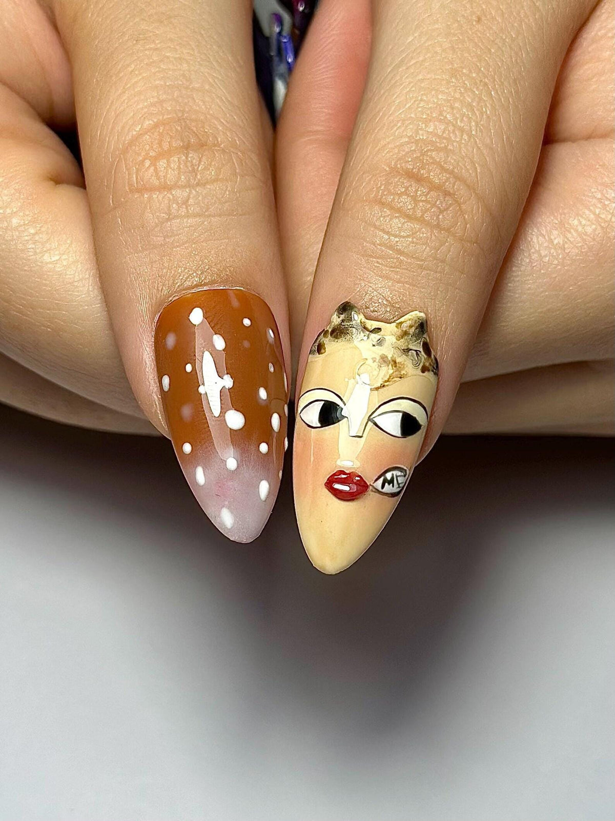 Vintage Doll Face Press On Nails, Abstract Portrait Nail Art, 3D Orchid Nails, Indie