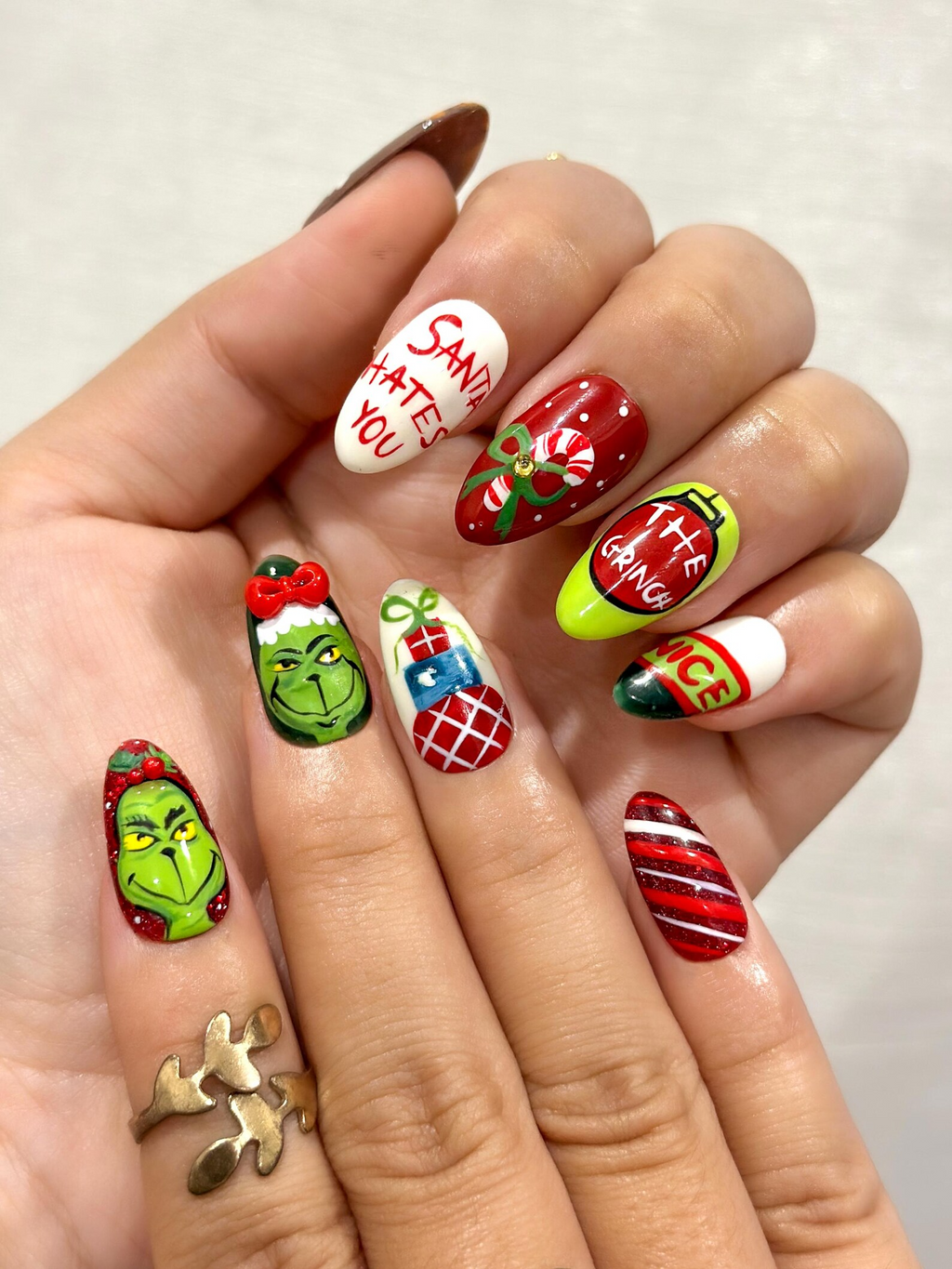 Grinch Mischief Press On Nails For Christmas Cute Cartoon Winter Nail Art Funny Holiday