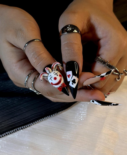 Harlequin Joker Halloween Press On Nails Black White Red Gothic Nail Art 3D Clown Accent Stiletto Nails Playing Card Inspired