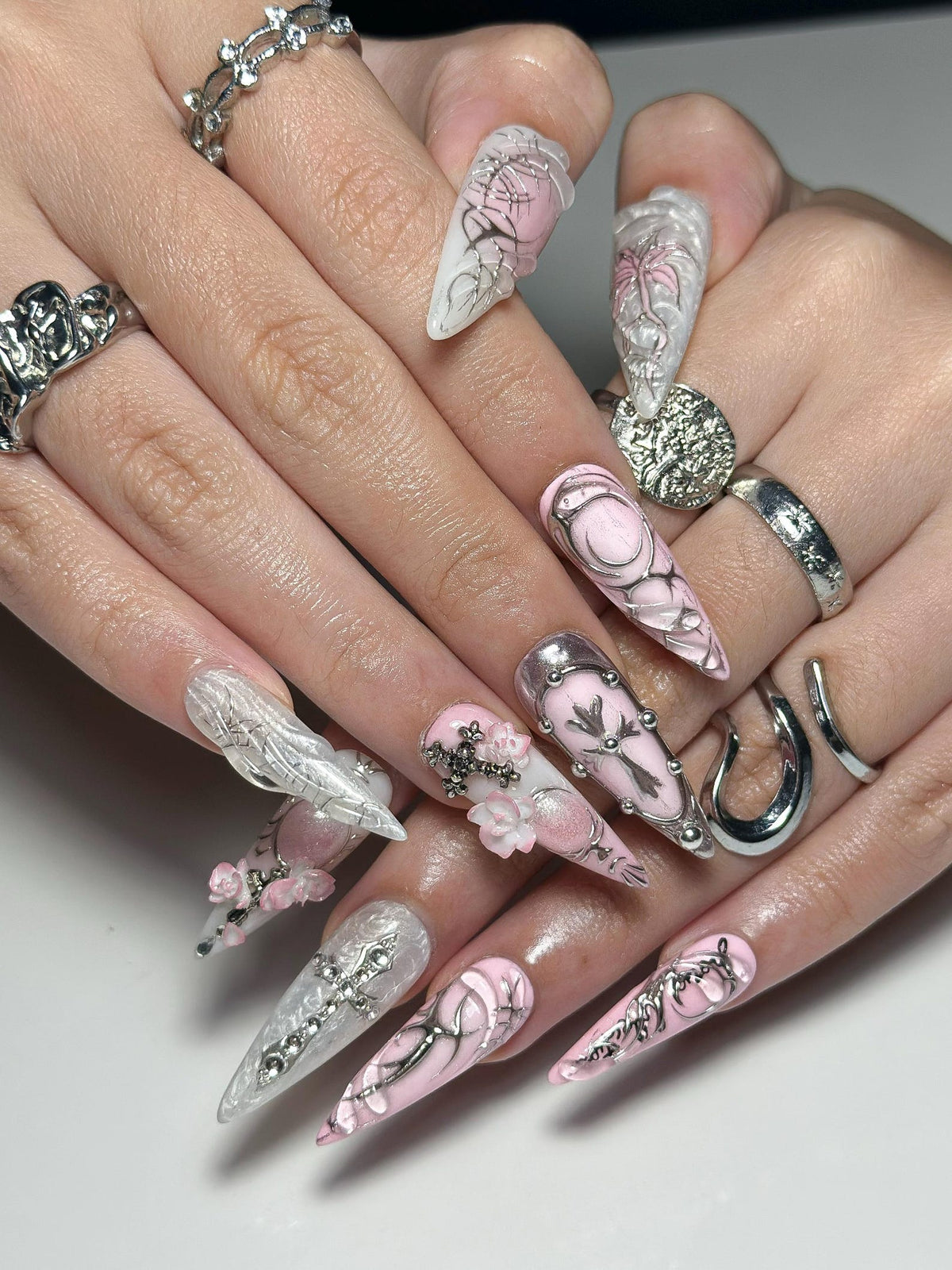 3D Pink Gothic Cyber Nails, Silver Chrome Cross Press Ons, Ethereal Grunge Liquid Metal