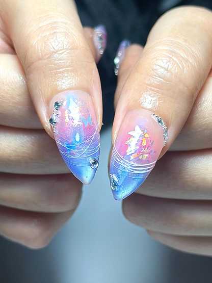Aurora Galaxy Floral Press On Nails Iridescent Chrome Stiletto Nails 3D Sakura Flower