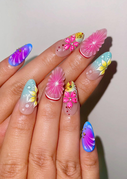 Tropical Bloom Press On Nails 3D Flower Summer Nails Colorful Citrus Slice Nails Hand