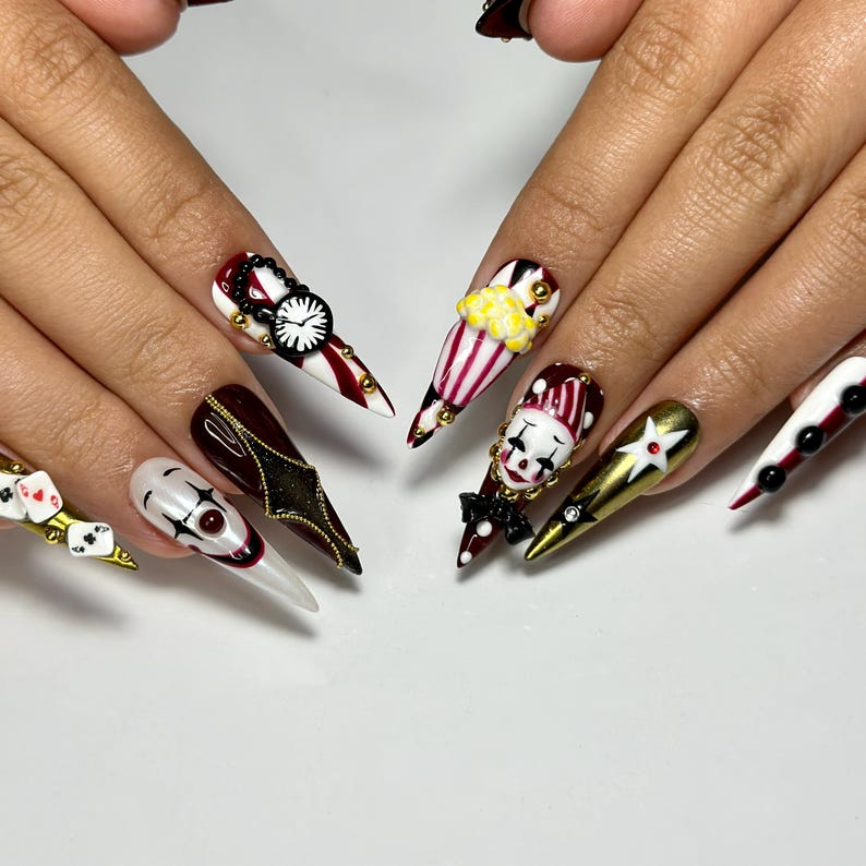 Halloween Circus Press On Nails, Spooky Clown Faces Nail Art, Gothic Harlequin Fake Nails
