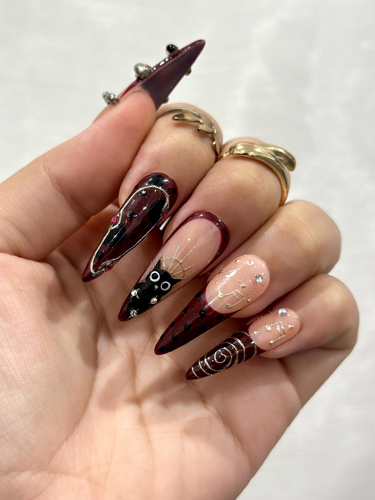 Gothic Ruby Witch Press On Nails Red Black Sorcery Nail Art 3D Ring Accents & Mystic Symbols Luxury Dark Glam Set