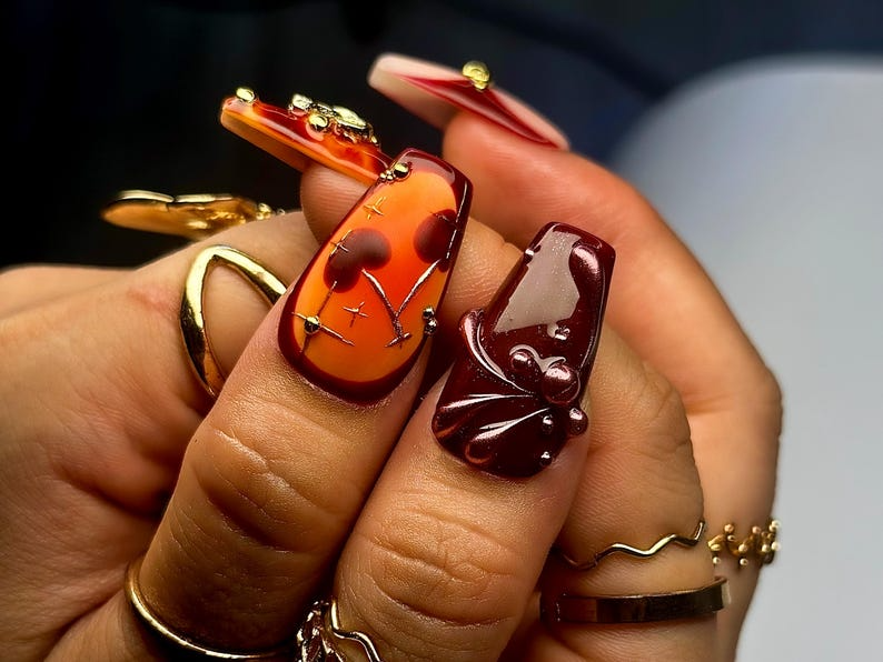 Fall Orange Leopard Press On Nails Autumn Handmade Luxury Set 3D Bow & Butterfly Nail Art Fall Statement Design