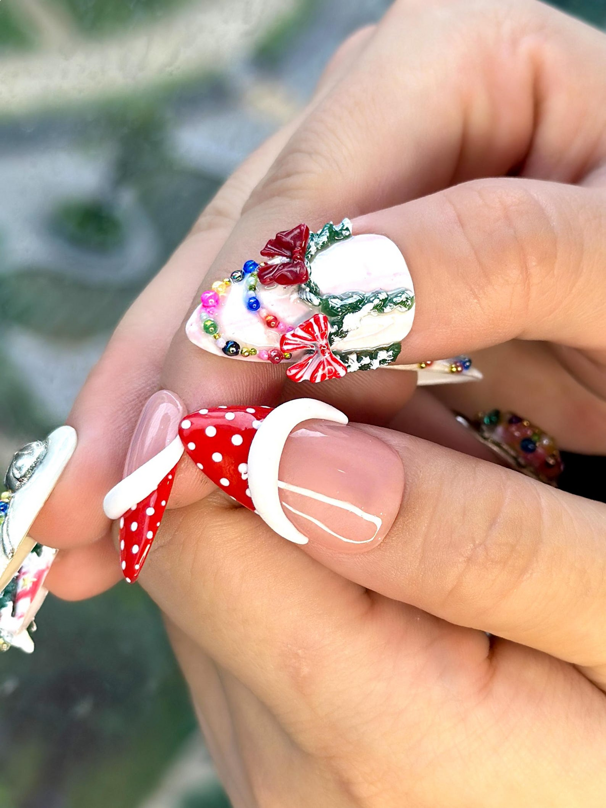 Merry Knit Christmas Press On Nails, 3D Bow Christmas Nail Art, Green Red Holiday Press
