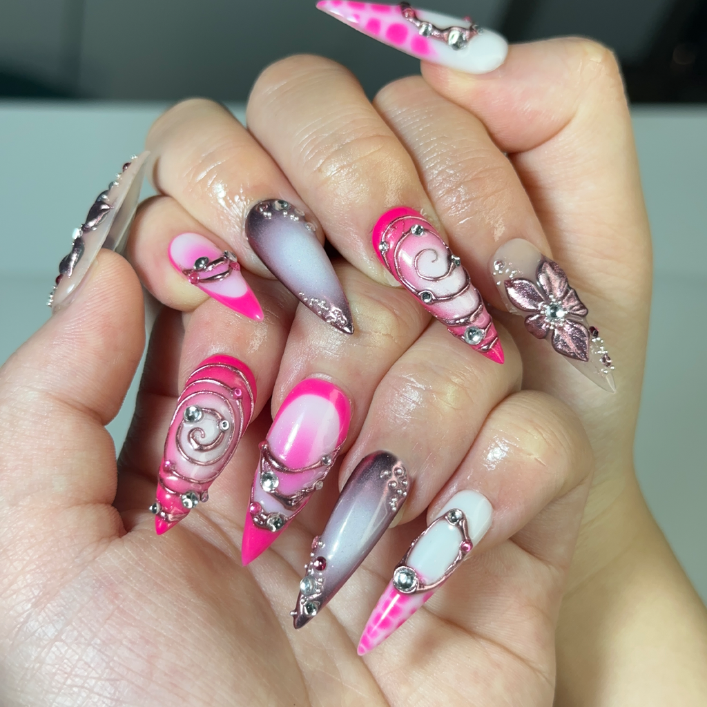 Hot Pink Press On Nails, Luxury Cyber Gyaru Stiletto Nails, 3D Chrome Flower Metallic Fake