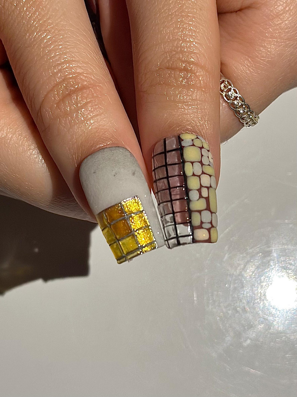 Abstract Texture Press On Nails, Mixed Media Artisan Nails with 3D Foliage, Handcrafted
