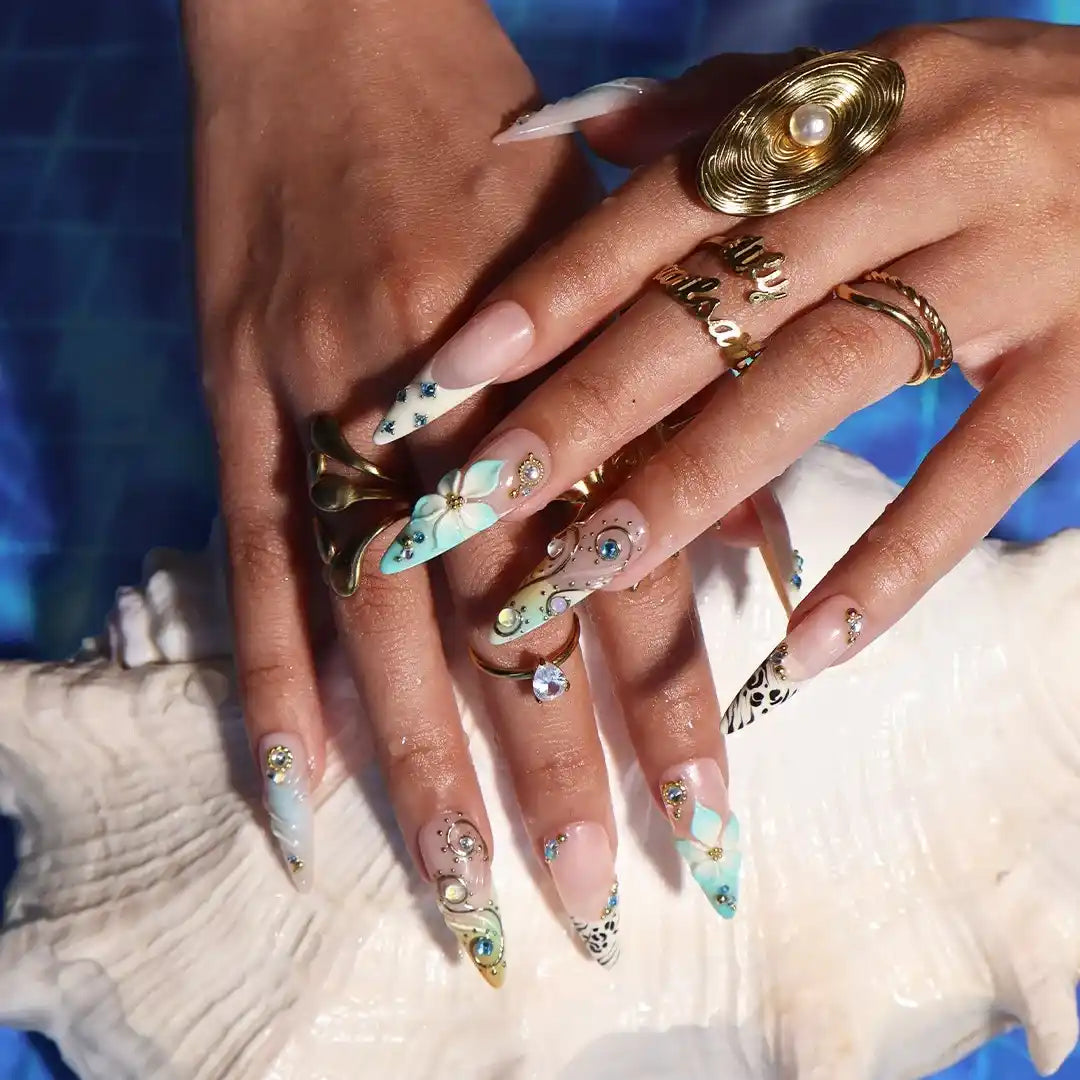 Aqua Luxe Blue 3D Floral Press On Nails