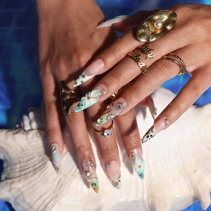 Aqua Luxe Blue 3D Floral Press On Nails