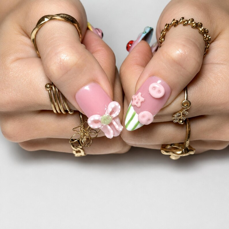 Cute 3D Ladybug Summer Press On Nails Almond • Tropical Pool Party Vibe • Rainbow Star