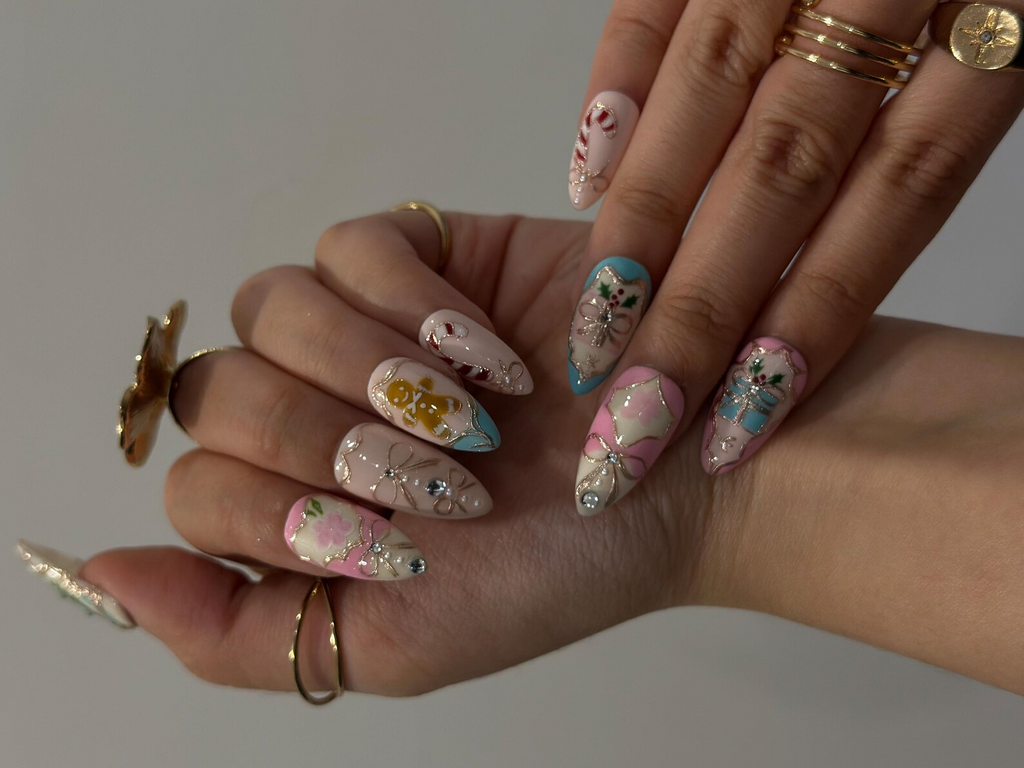 Pink Pastel Christmas Press On Nails Pastel Gingerbread & Candy Cane Nails Pink Christmas Press Ons Cute Festive Design