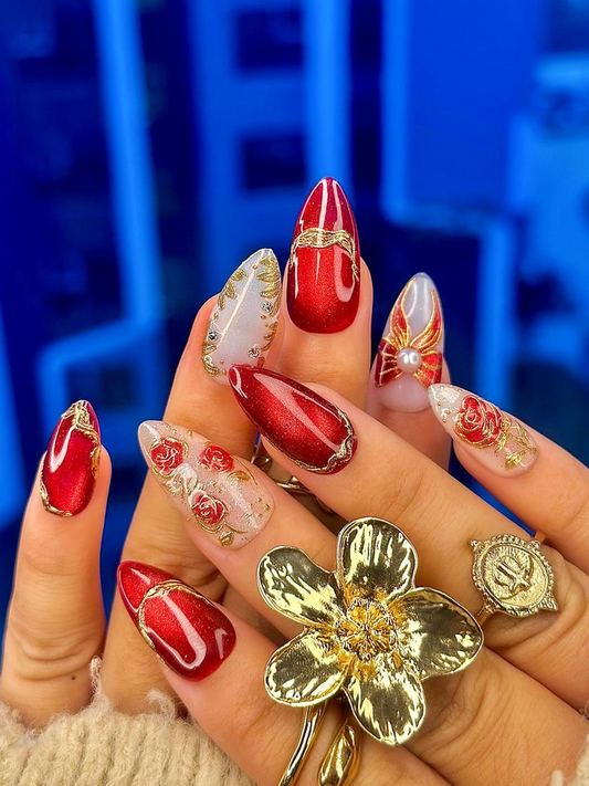 Press On Nails For Christmas Holiday Christmas Nails Gold Leaf Luxury Nail Art Pearl Accent Classy Nails