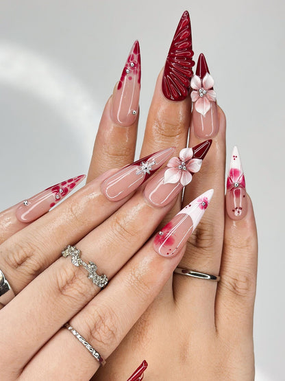 Deep Lily & Crimson Ripple Nails, 3D Floral Dark Red Press Ons, Luxury Moody Romantic