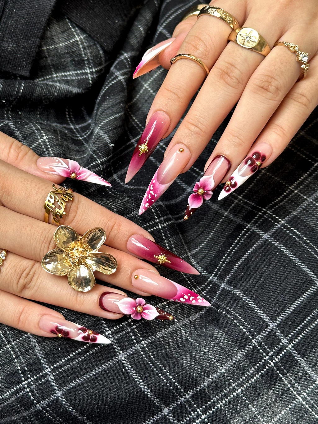 Elegant Floral Press On Nails 3D Floral Ombre Nails Burgundy & Pink Gradient Nail Art