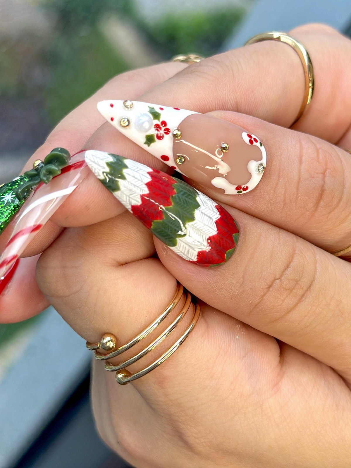 Cozy Knit Christmas Press On Nails Red Green Holiday Nail ArtFestive Tree & Ribbon Design