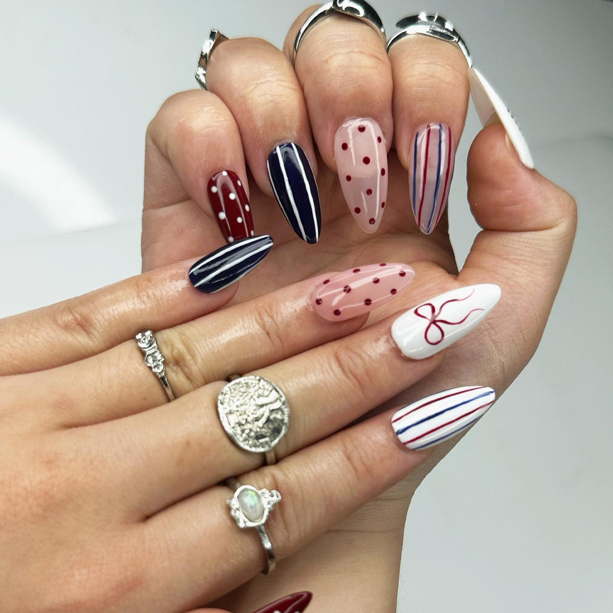 4th of July Press On Nails, Red White Blue Coquette Nails, Patriotic Almond Nails, USA