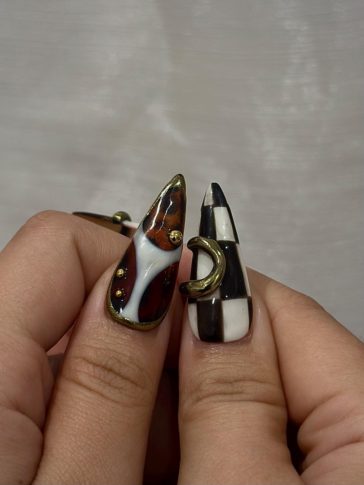 Brown Gold Luxe Press On Nails, Sculptural Ring Nail Art, Luxury Jewelry Inspired Nails