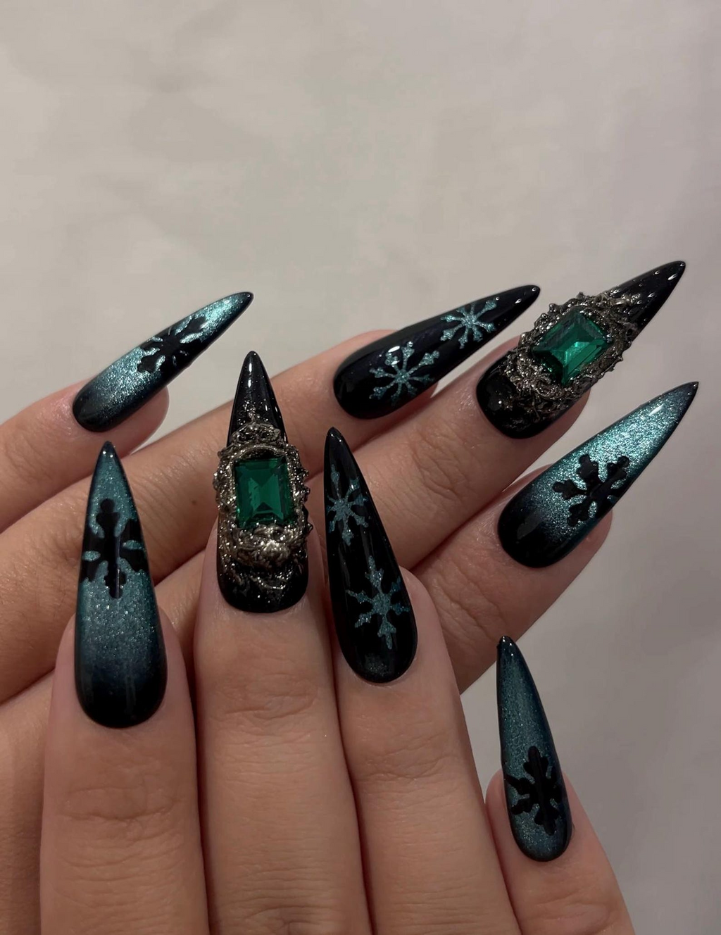 Emerald Snowflake Christmas Press On Nails Black Green Winter Nails Luxe Holiday Nail Art Stiletto Press Ons Winter Set