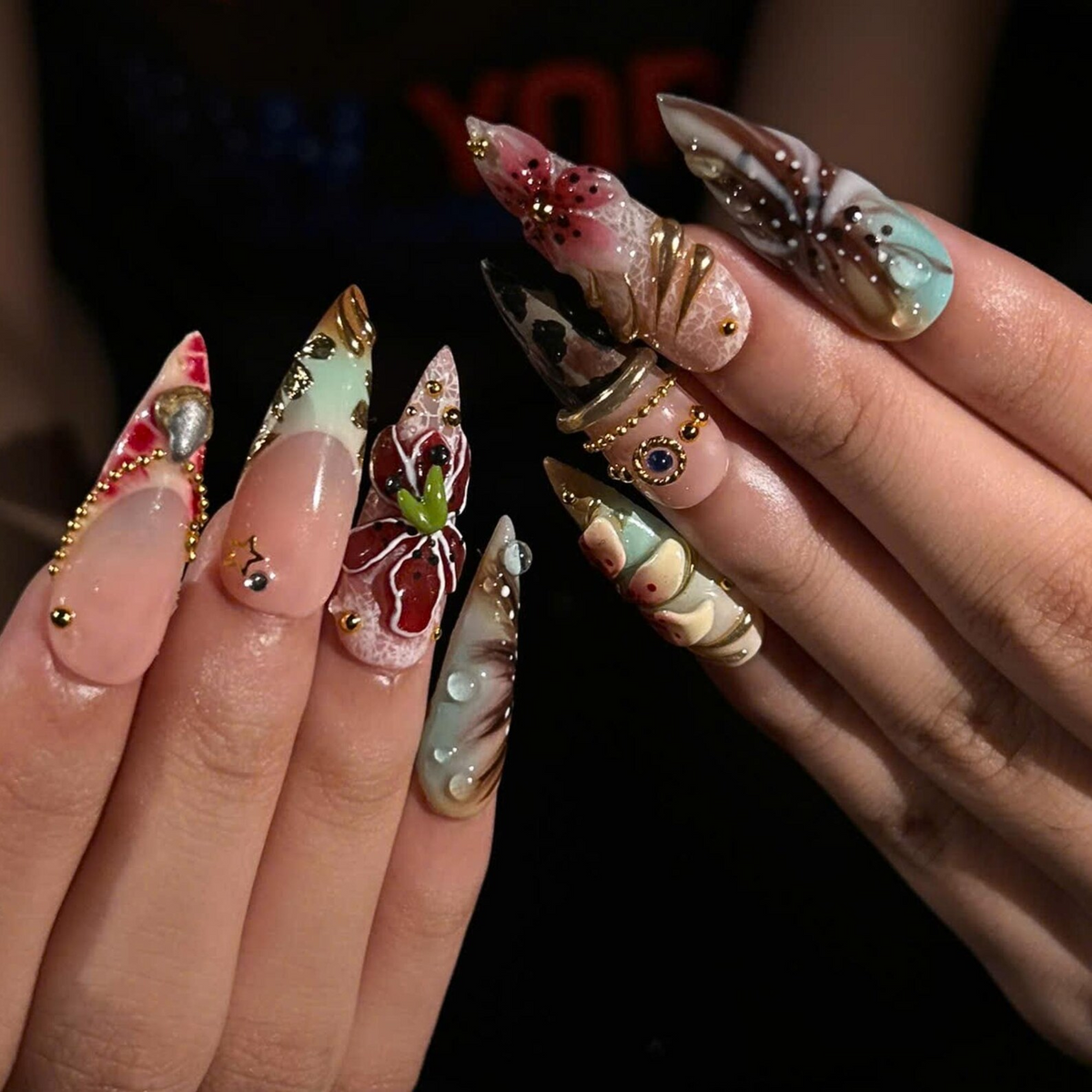 Luxury Floral Press On Nails, Burgundy Gold Nails, 3D Flower Nail Set, Vintage Glam