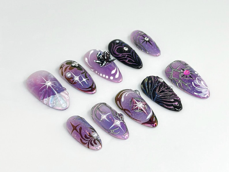 Galaxy Glitter Purple Press On Nails Galaxy Star Nail Art Metallic Purple Nails Elegant Nail Set Holographic Star Nails OB671HC