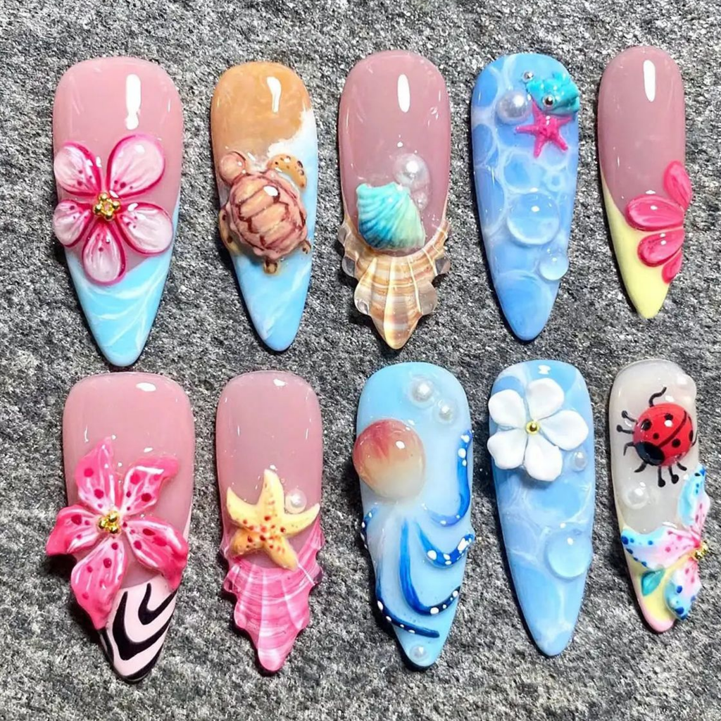 3D Shark Ocean Press On Summer • Blue Sea Animal Nails • Dolphin Whale Shark Nails •
