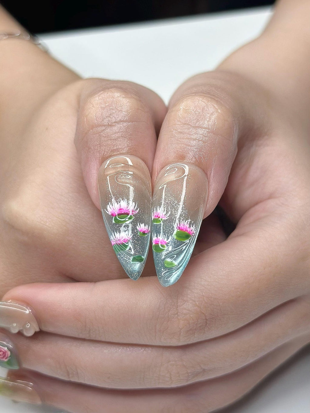 Zen Koi Pond Press On Nails, 3D Lotus Flower & Goldfish Art, Ethereal Ombre Shimmer Nails