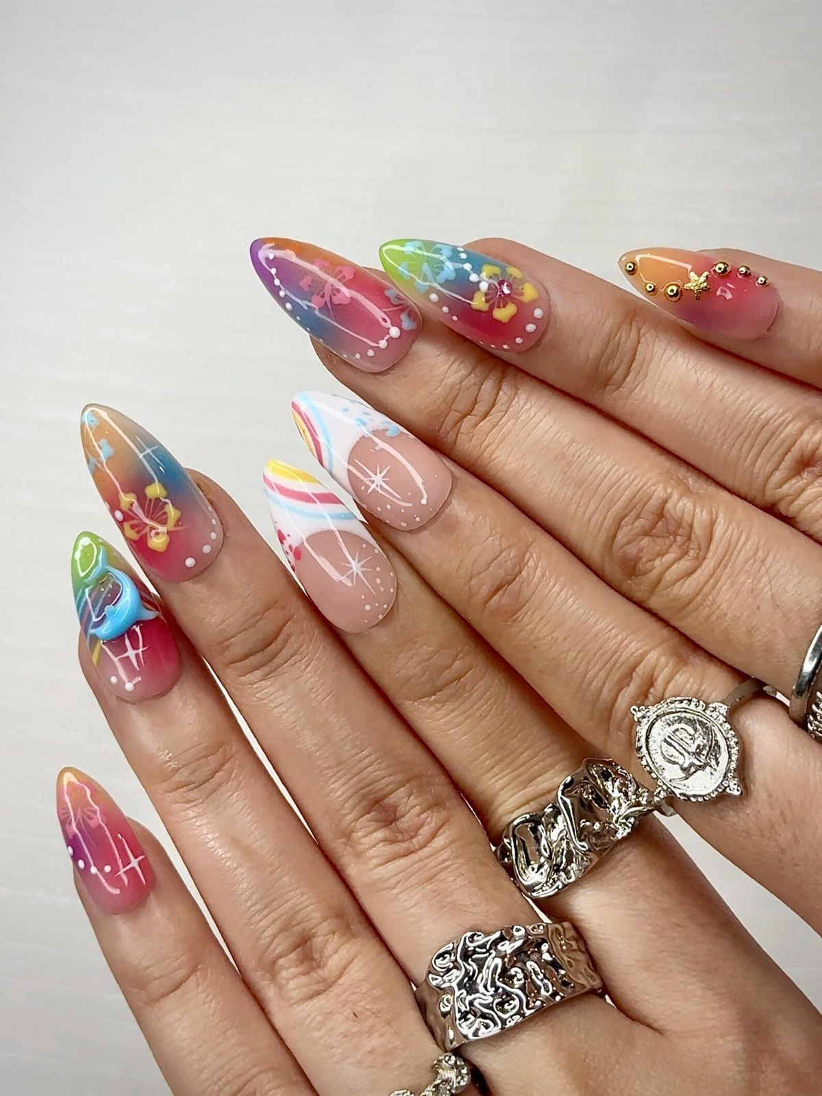 Midnight Sun Press On Nails for Y2K Lovers Sunset Ombre Rainbow Nails with 3D Floral Art