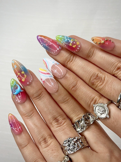 Midnight Sun Press On Nails for Y2K Lovers Sunset Ombre Rainbow Nails with 3D Floral Art