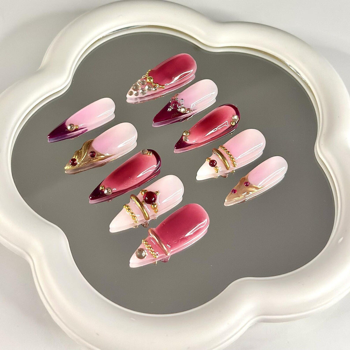 3D Gold Luxury Wine Red Press On Nails, Jelly Burgundy Ombre, Y2K Metallic Chrome Art