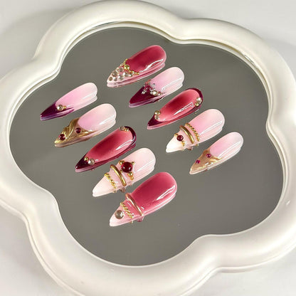 3D Gold Luxury Wine Red Press On Nails, Jelly Burgundy Ombre, Y2K Metallic Chrome Art