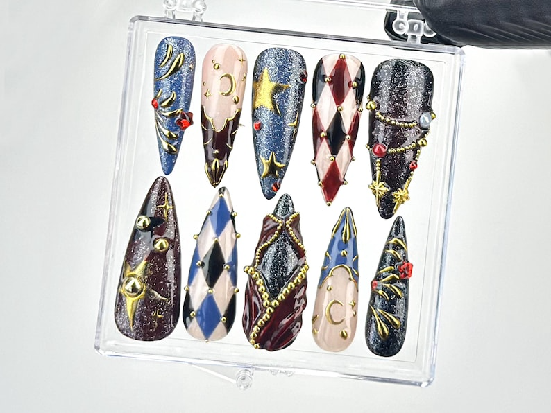 Luxury Gothic Press On Nails Stiletto Nails with Gems & Stars Nail Art Celestial Night Sky Acrylic Nails Dark Fantasy Nails| OB634YC