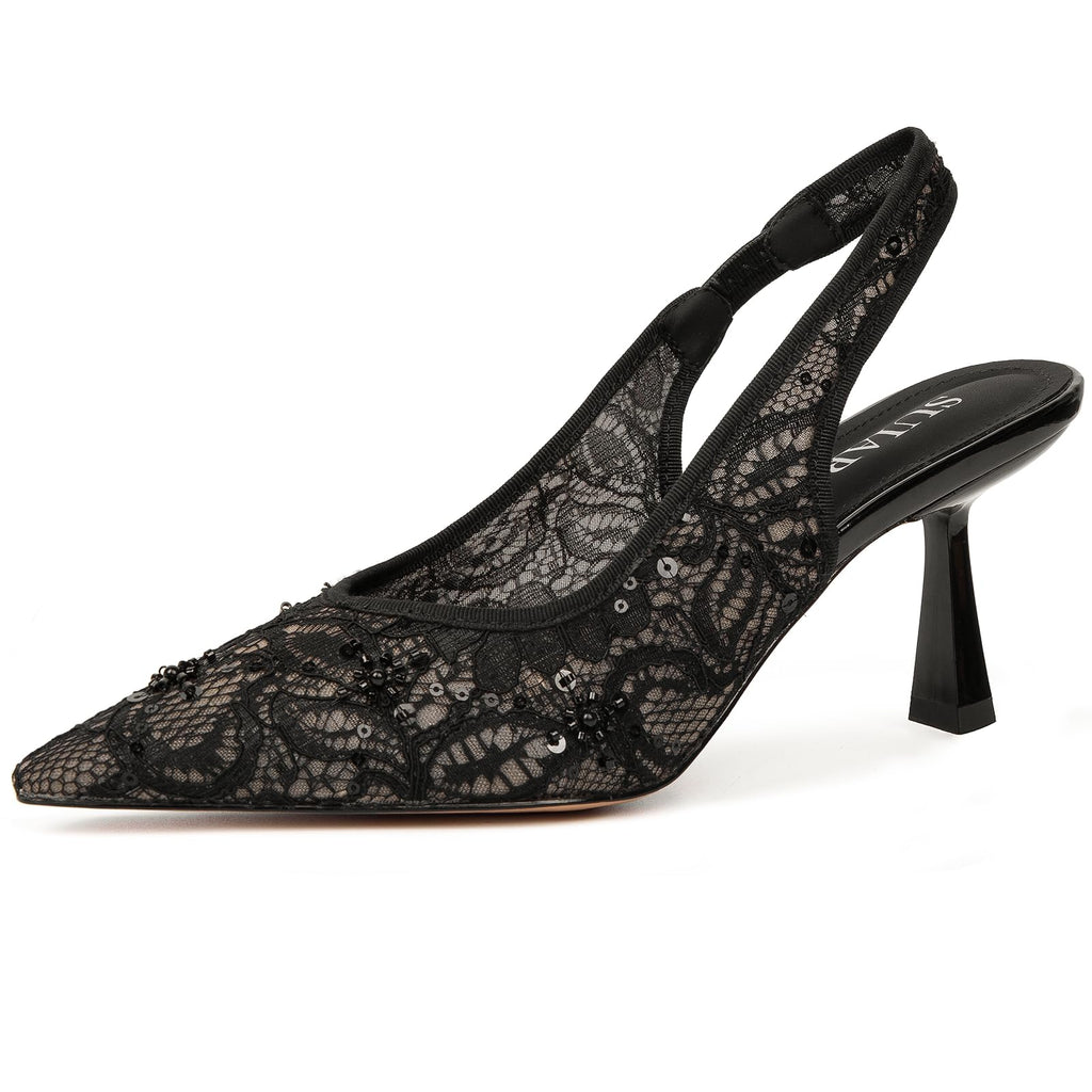 Slingback Wedding Heels for Women Bridal Lace Mesh Kitten Heel Closed Pointed Toe Pearl Pumps Shoes