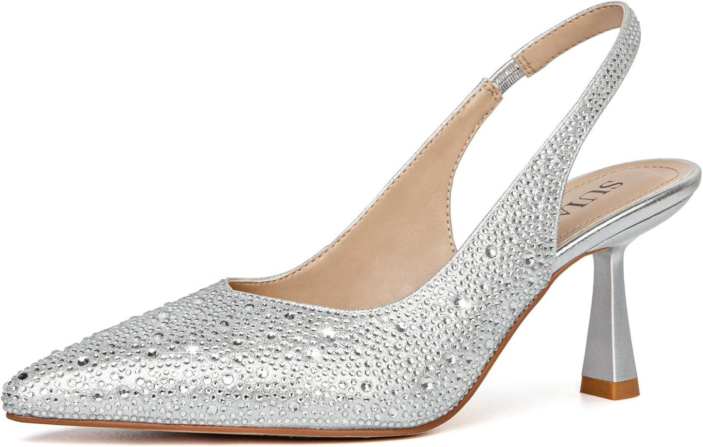 SUIARA Women's Slingback Wedding Heels Lace Mesh Kitten Heel Pointed Toe Pearl Pumps