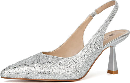 SUIARA Women's Slingback Wedding Heels Lace Mesh Kitten Heel Pointed Toe Pearl Pumps