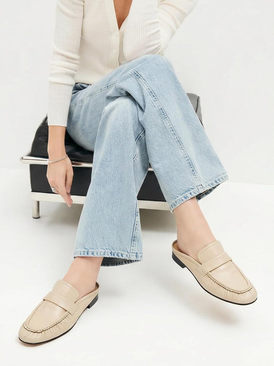 Penny Loafers for Women Chunky Heel Flat Mules Round Toe Slip on Comfortable Loafers Casual Slides Shoes