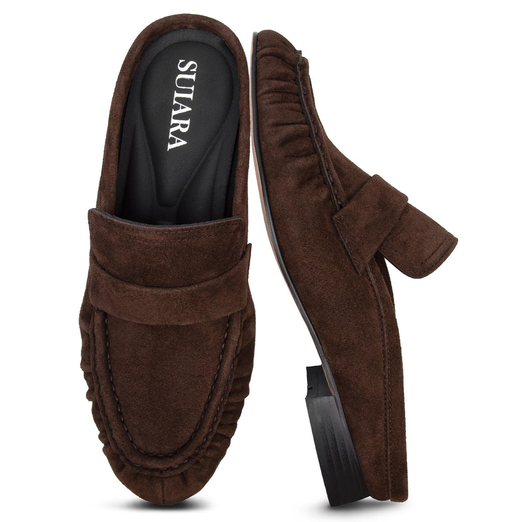 Penny Loafers for Women Chunky Heel Flat Mules Round Toe Slip on Comfortable Loafers Casual Slides Shoes