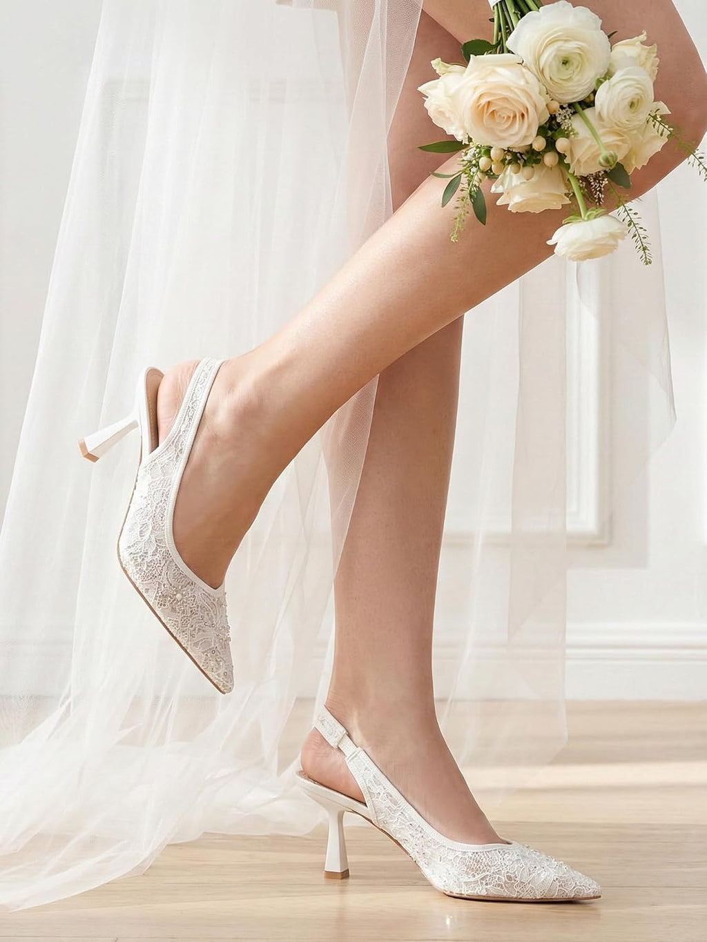 Slingback Wedding Heels for Women Bridal Lace Mesh Kitten Heel Closed Pointed Toe Pearl Pumps Shoes