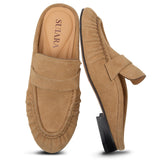 Penny Loafers for Women Chunky Heel Flat Mules Round Toe Slip on Comfortable Loafers Casual Slides Shoes